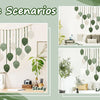 Usage scenarios showing bohemian macrame leaf wall hangings in a study, bedroom, and living room setting.