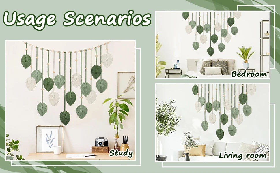 Usage scenarios showing bohemian macrame leaf wall hangings in a study, bedroom, and living room setting.