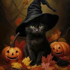 A black cat wearing a witch hat sits amidst autumn leaves and pumpkins in a dark, moody setting.