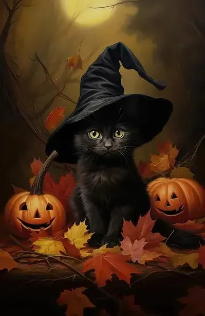 A black cat wearing a witch hat sits amidst autumn leaves and pumpkins in a dark, moody setting.