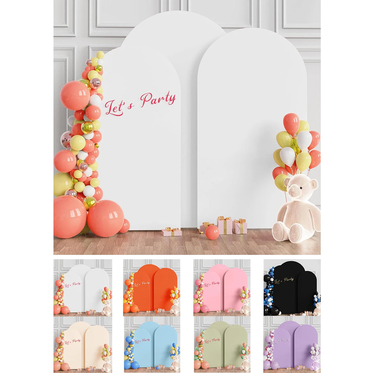 A set of white, pink, and green spandex fitted wedding arch covers displayed against a white wall.