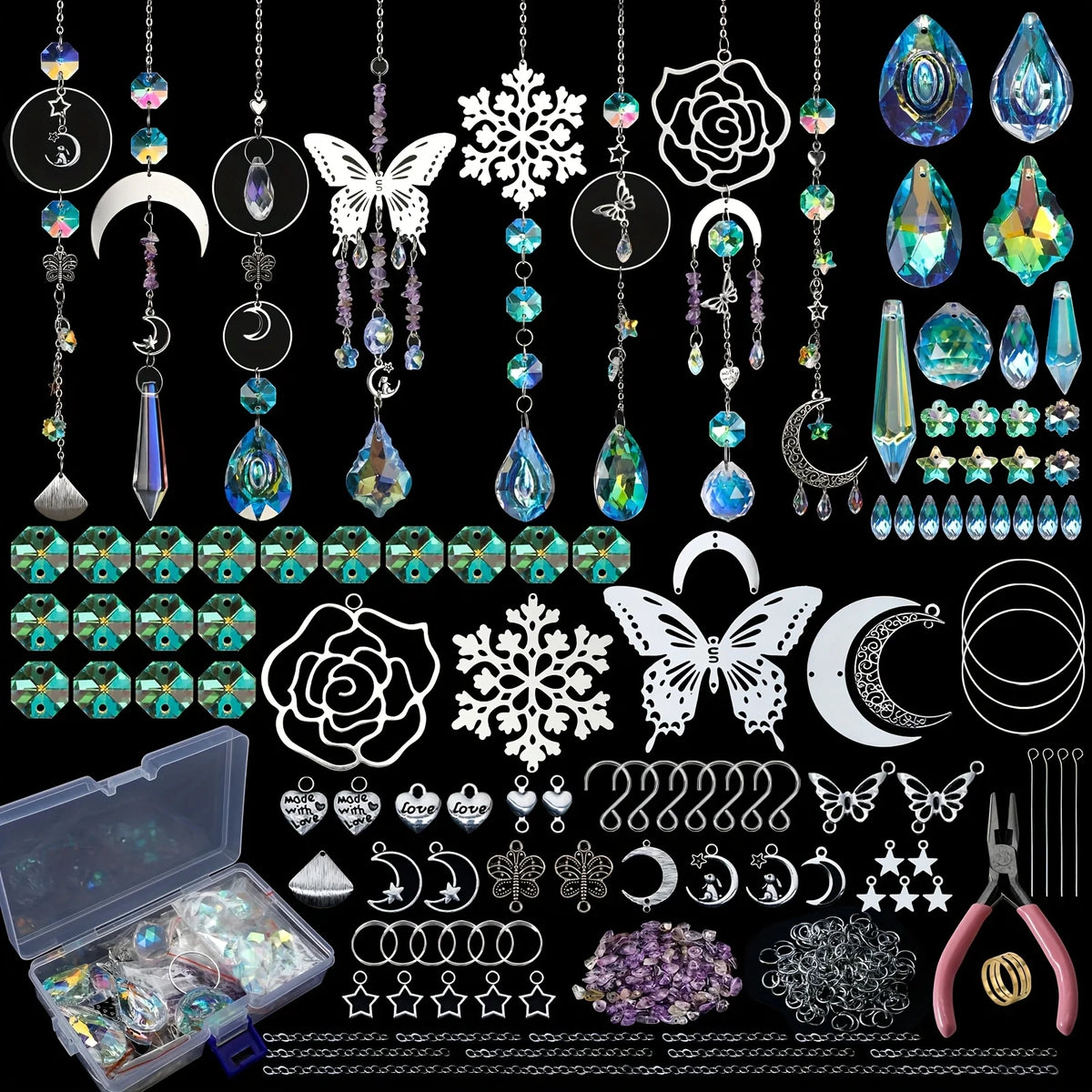 Collection de composants pour kit DIY de cristaux arc-en-ciel, incluant charms, pendentifs et fournitures.