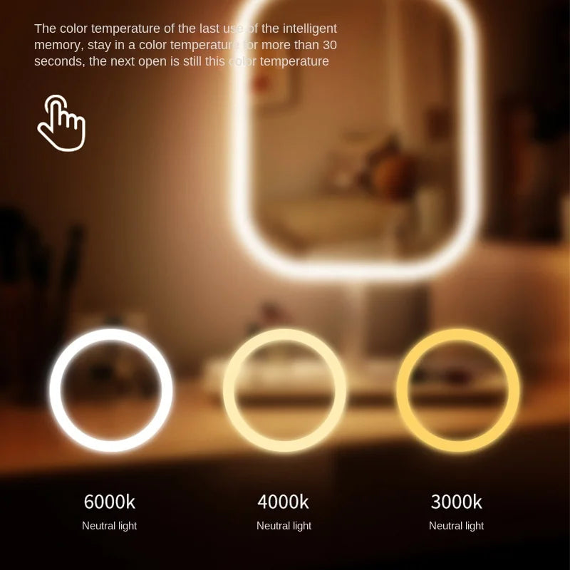 A vanity mirror displaying three different color temperature light modes: 6000k, 4000k, and 3000k.