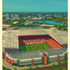 A vintage poster featuring the Manchester United stadium, Old Trafford, under a blue sky.