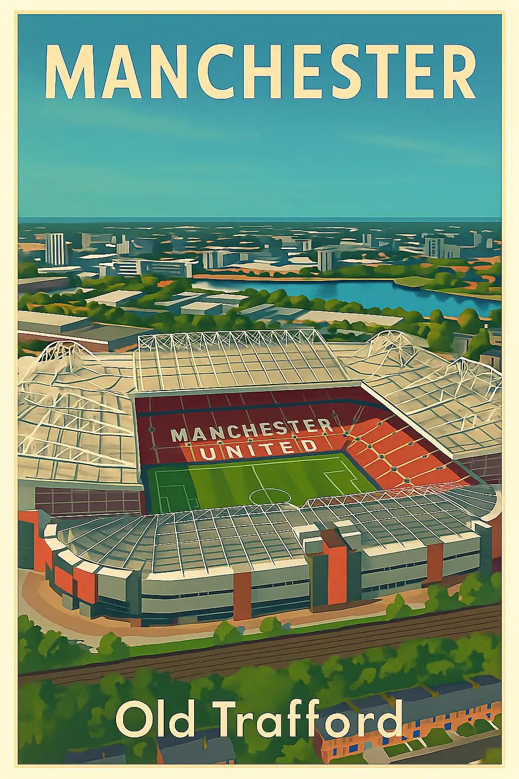 A vintage poster featuring the Manchester United stadium, Old Trafford, under a blue sky.