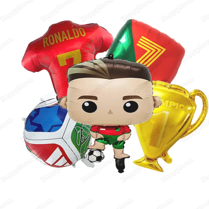 A set of football-themed birthday balloons including a red balloon with Ronaldo text, a green balloon, and a gold trophy.