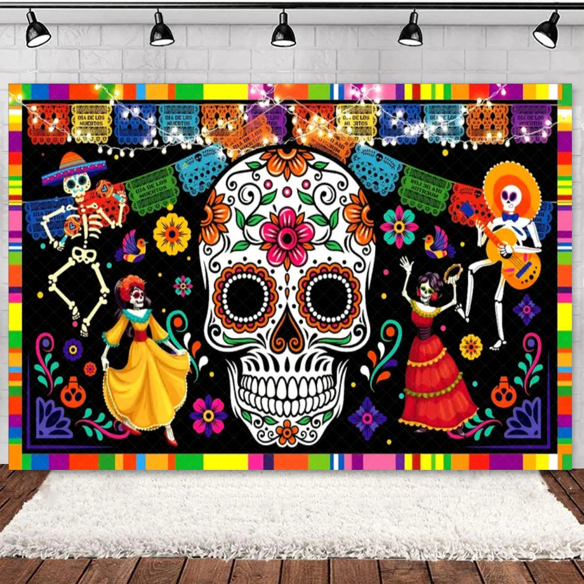 Day of the Dead Skeleton & Floral Backdrop for Party Photo Booth