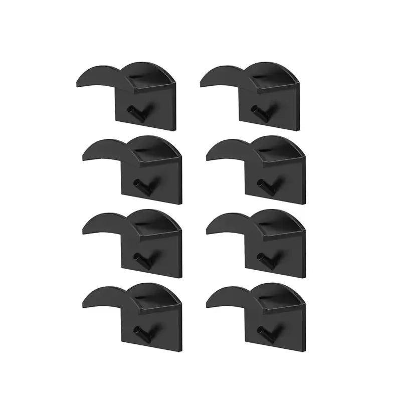 A set of five black no-drill adhesive hat hooks for wall storage.