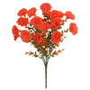 A spray of vibrant artificial pansy flowers in shades of orange and red on a brown stem.