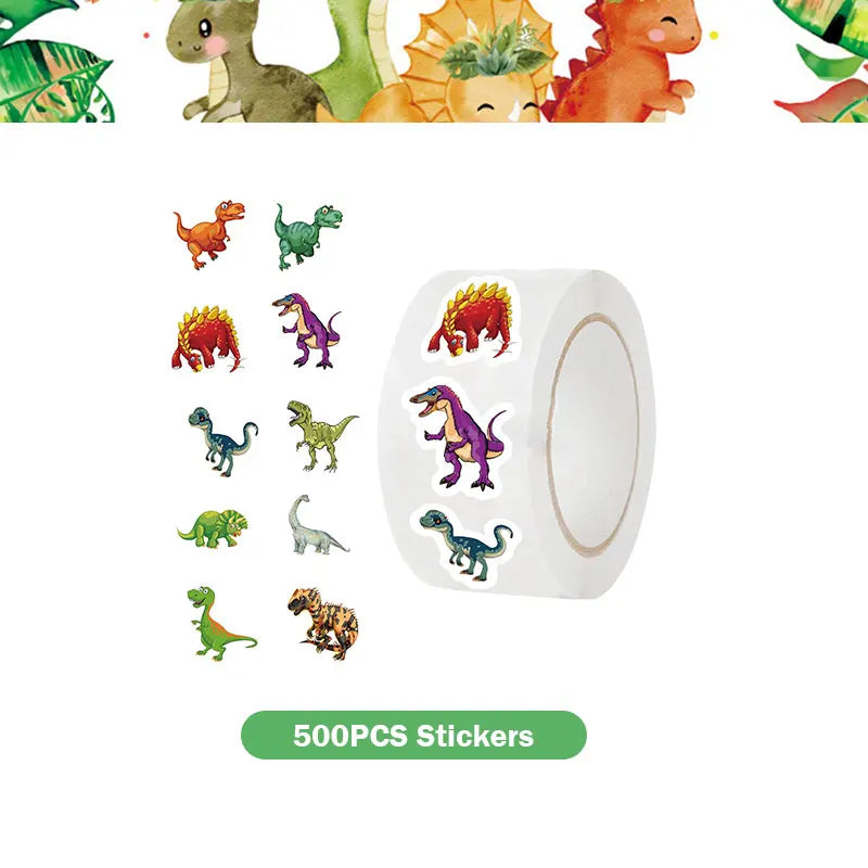 A set of 500 dinosaur stickers for a birthday party kit featuring various dinosaur characters