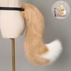 A tan faux fur fox tail and ear costume set displayed on a mannequin.