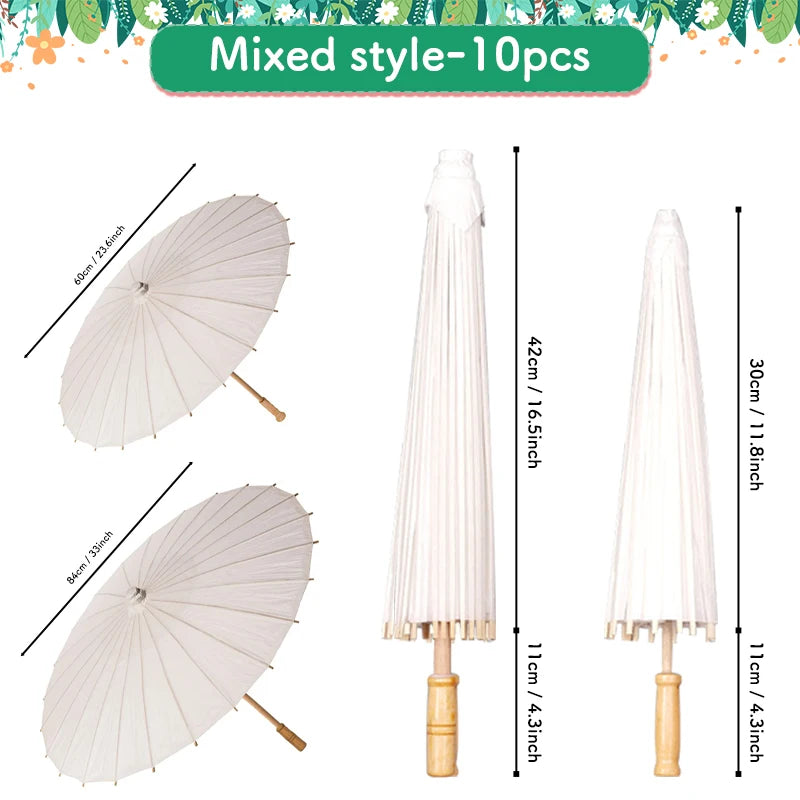 A set of 10 mixed style white oil paper umbrellas shown in various forms and angles.