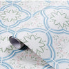 Roll of waterproof oil-proof kitchen wall sticker featuring a geometric pattern with light blue and green floral designs