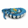 A blue and teal articulated snake desk toy with yellow eyes, made of 3D printed flexible material.