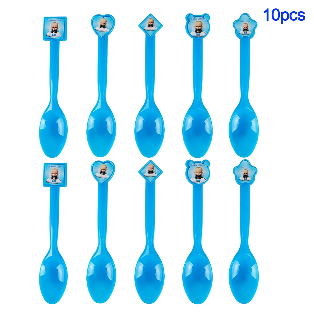 A set of 10 blue baby boss themed party decorations and disposable tableware items