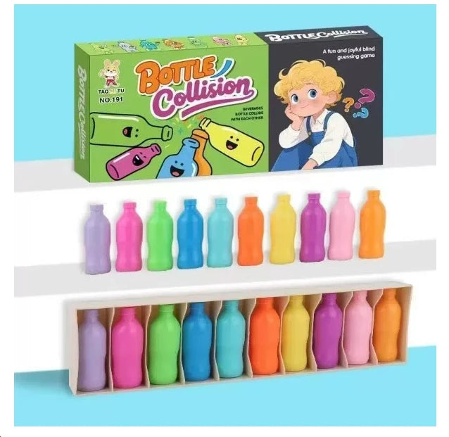 A box set of colorful bottles for a bottle collision game featuring various colored glass bottles.