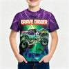 A young boy wearing a purple t-shirt featuring a full graphic print of the Monster Jam Grave Digger vehicle and lightning eff