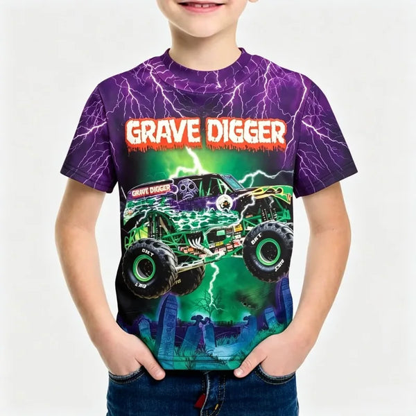 A young boy wearing a purple t-shirt featuring a full graphic print of the Monster Jam Grave Digger vehicle and lightning eff