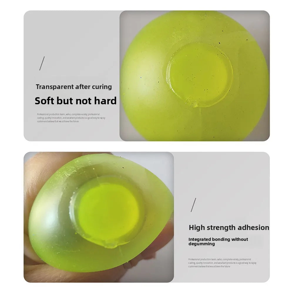 A close-up of a translucent yellow adhesive being applied to a squishy toy, demonstrating soft but not hard curing and high s