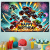 A vibrant banner featuring monster trucks exploding with fireworks and the text Happy Birthday