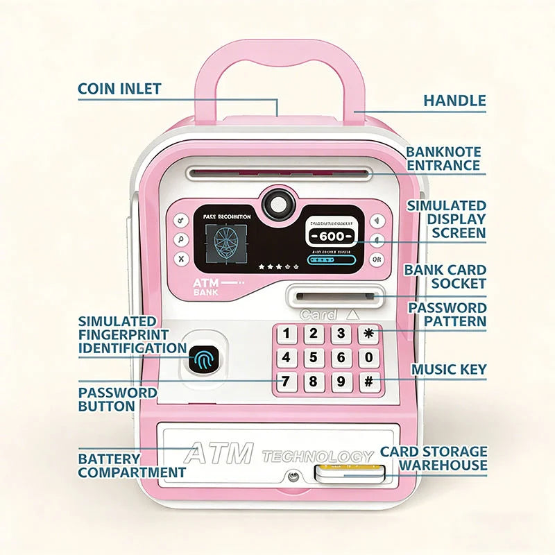 Rosa simulierter Geld-Piggybank mit Griff, Münzeinlass und Kartenleser.