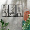 Three framed minimalist metal line art prints depicting a bottle, a cup of coffee, and a pencil.