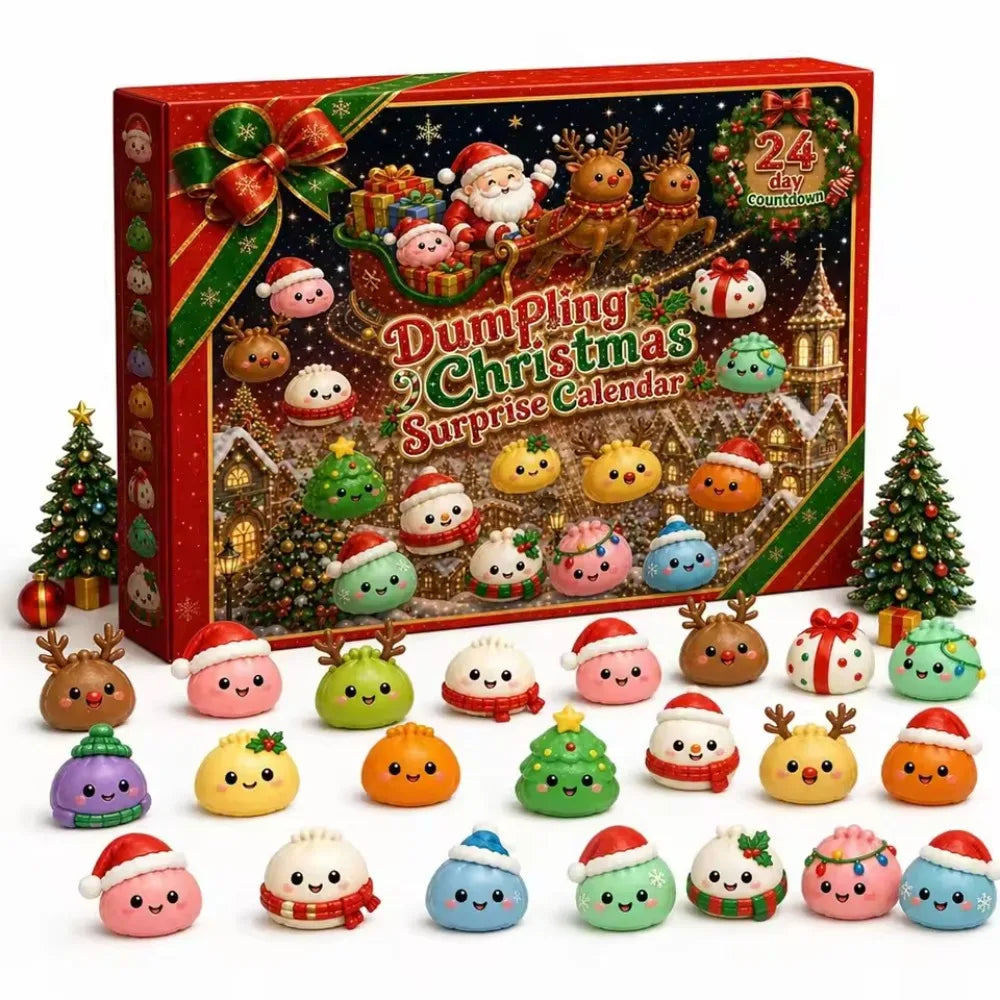 A red box containing a Christmas surprise calendar with 24 days of themed squishy toys.