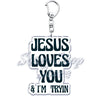 Silber-Acryl-Anhänger mit eingraviertem Text: Jesus Loves You & I'm Tryin