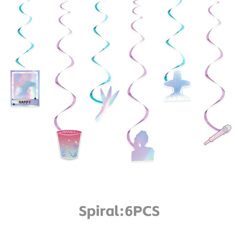 A set of six spiral-shaped items in pink and purple colors for a K-Pop themed party.