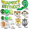 A set of safari jungle balloon garland arch kit featuring various colored balloons, animal shapes, and palm leaves.