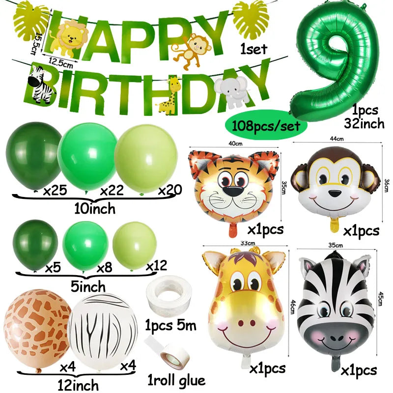 A set of safari jungle balloon garland arch kit featuring various colored balloons, animal shapes, and palm leaves.