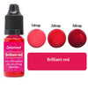 A bottle of brilliant red liquid pigment with three dropper amounts shown next to the product.