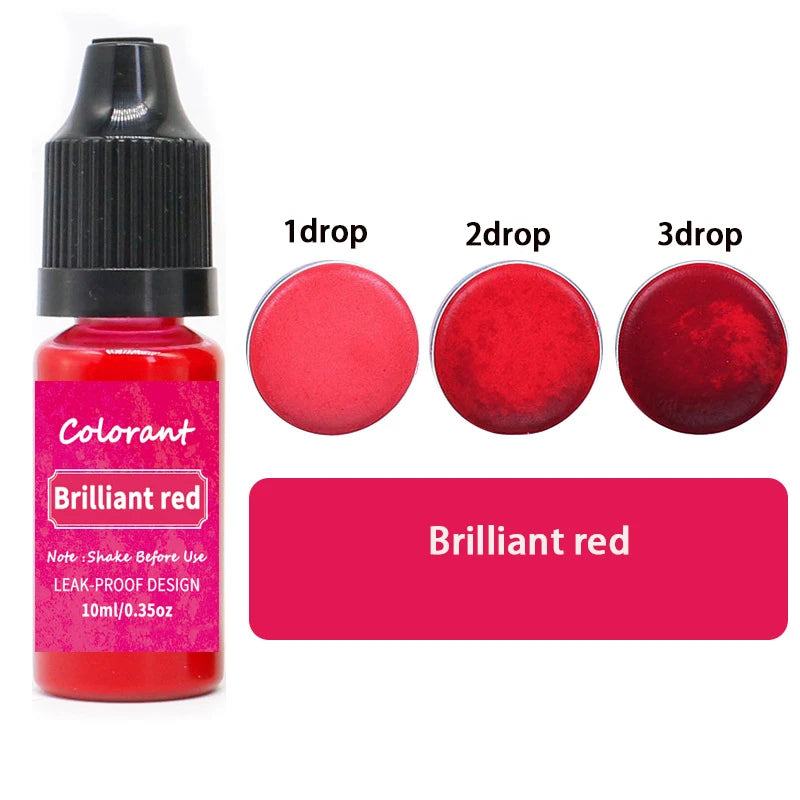 A bottle of brilliant red liquid pigment with three dropper amounts shown next to the product.