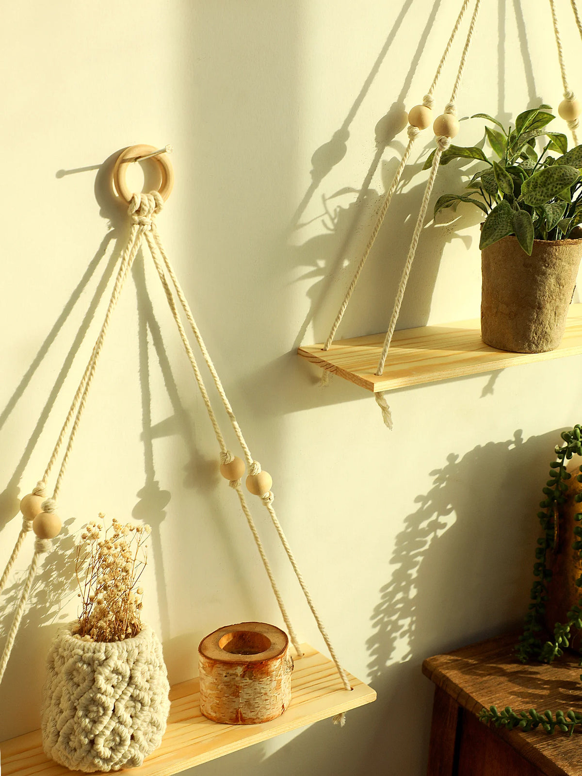 A macrame wood floating wall shelf with hanging rope displaying various natural elements and shadows.