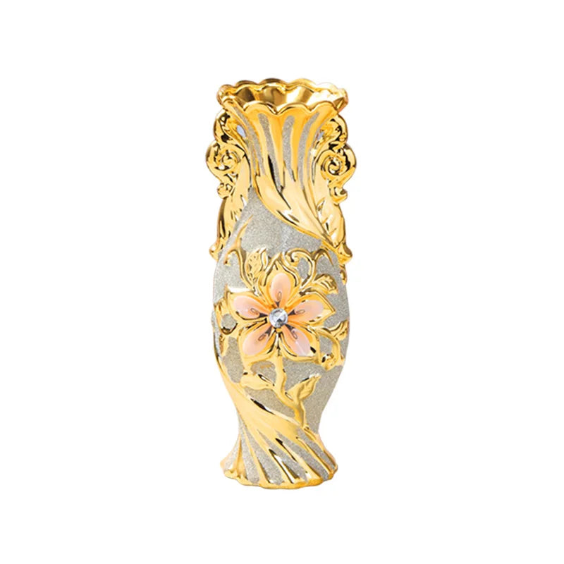 Gold-plated ceramic tabletop vase with floral relief design