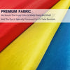 Close-up of a fabric display showing red, yellow, and blue colors with text about UV fade resistance.