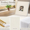 A personalized photo window in a light beige linen cover scrapbook album with gold spiral binding and thick acid-free pages.