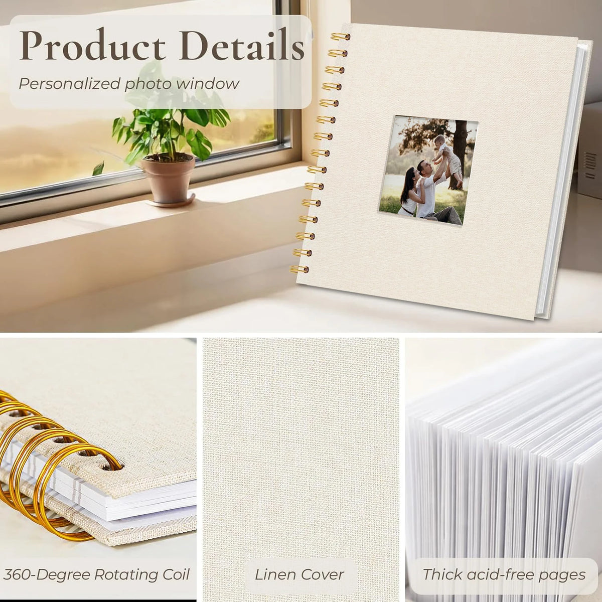 A personalized photo window in a light beige linen cover scrapbook album with gold spiral binding and thick acid-free pages.