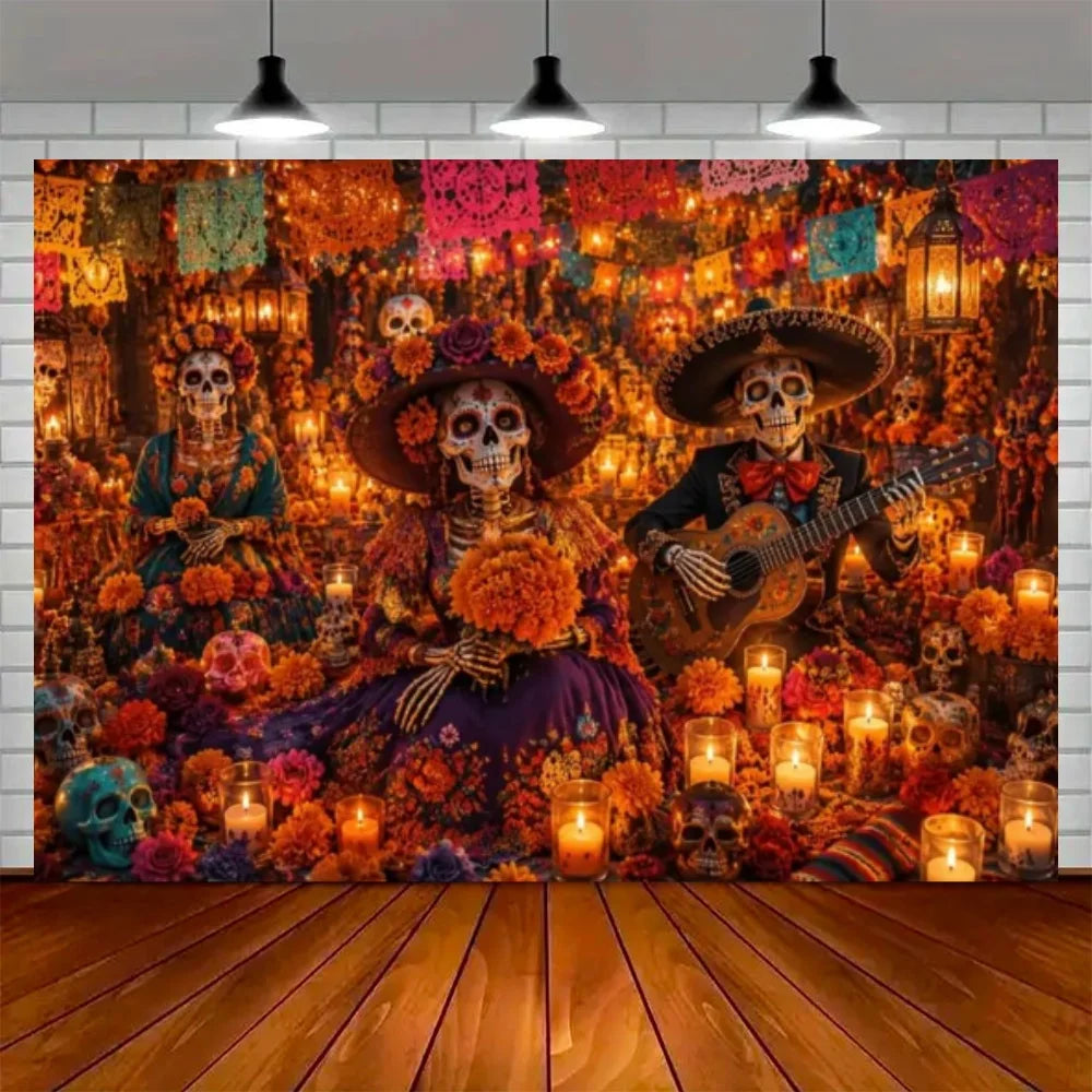 Day of the Dead Skeleton Carnival Backdrop for Halloween Party Decorations
