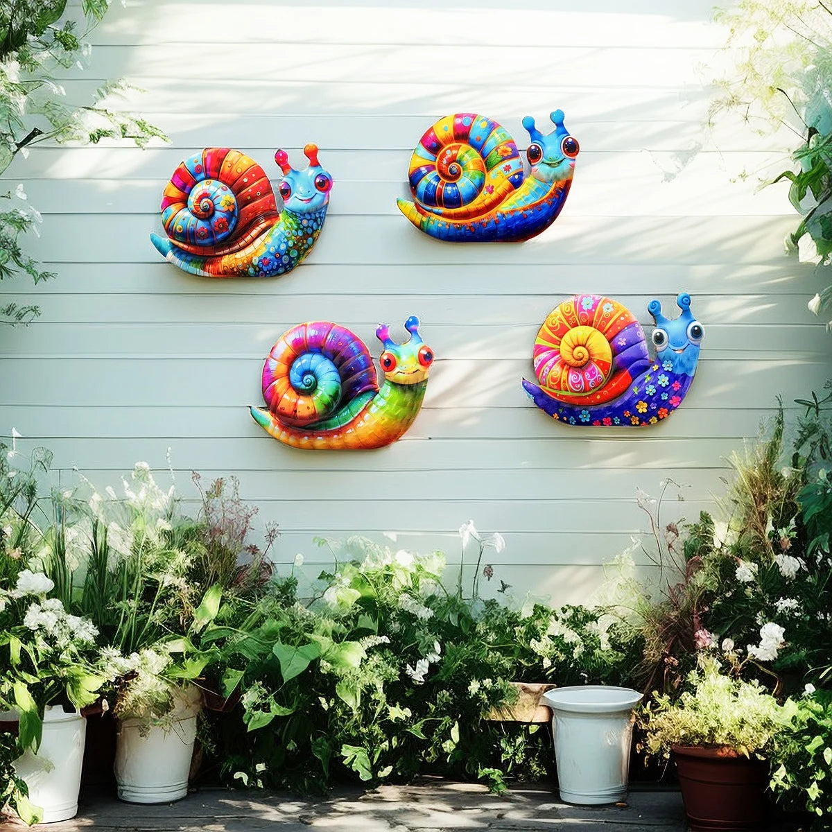Colorful metal snail wall art featuring iridescent shells in various shades of blue, purple, and orange mounted on a light gr
