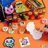 A collection of Halloween stationery items including masks, bags, and colorful markers and pencils.