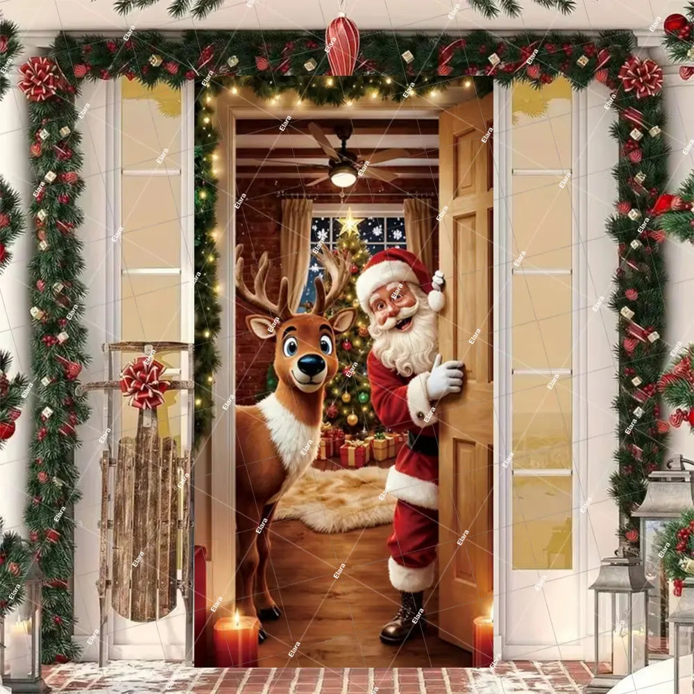 Christmas Santa and Elk door cover banner featuring a festive scene with Santa and an elk.