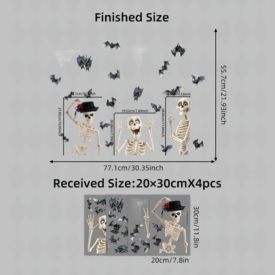 Finished size comparison showing a Halloween skull and bat static cling window sticker, with received size details.