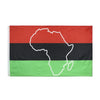 A rectangular flag featuring the map of Africa in black, green, and red horizontal stripes.