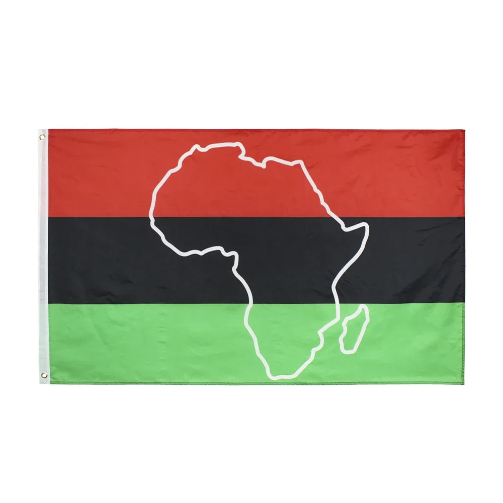 A rectangular flag featuring the map of Africa in black, green, and red horizontal stripes.