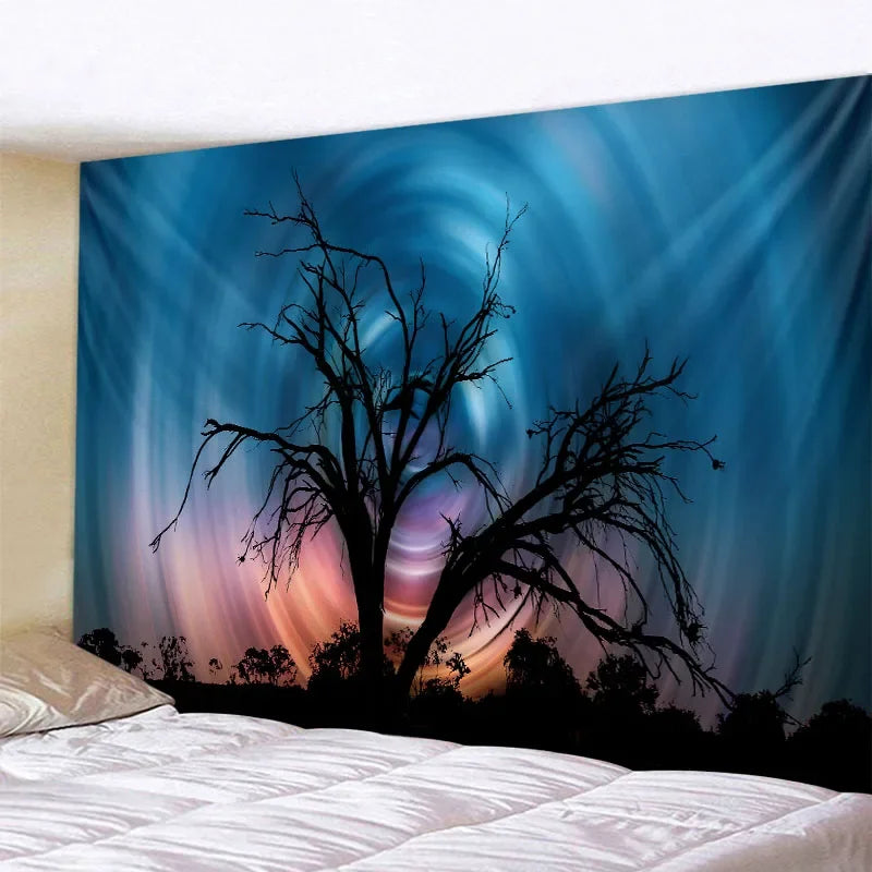 A dark silhouette of bare tree branches against a vibrant blue and purple galaxy background.