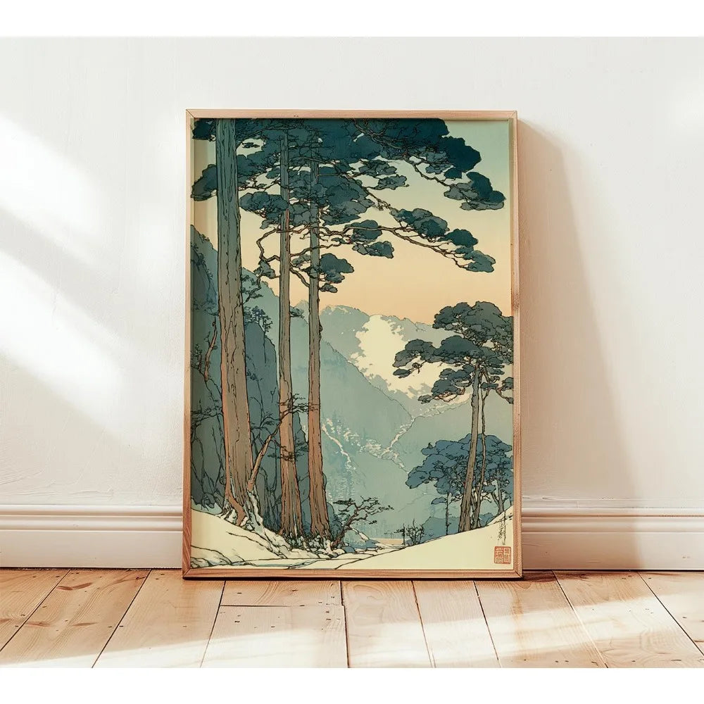 A vertical canvas print depicting a misty mountain landscape with tall pine trees under a pale sky.
