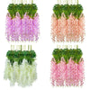 A set of silk wisteria vine garlands in various shades of green, pink, and white used for weddings and home decor.