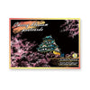 A postcard featuring cherry blossom trees and a traditional Japanese building with a scratch-off element.