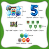 A kit for a cartoon birthday party decoration including balloons, cake toppers, and latex balloons.